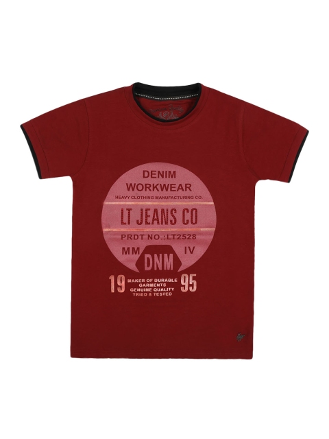 

Lil Tomatoes Boys Maroon Printed Round Neck Pure Cotton T-shirt