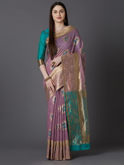 

Mitera Mauve & Gold-Toned Silk Blend Woven Design Kanjeevaram Saree