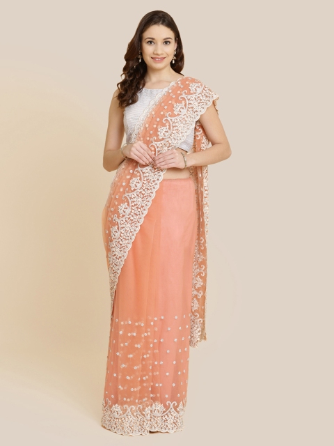 

Koskii Peach-Coloured Embroidered Net Saree