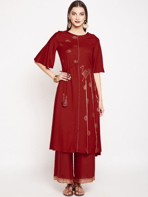 

studio rasa Women Maroon & Gold-Coloured Handblock Printed A-Line Kurta