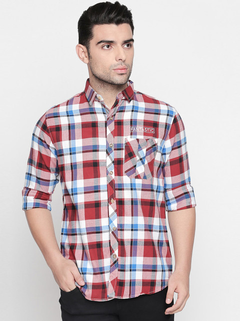 

Solemio Men Red & Blue Regular Fit Checked Casual Shirt