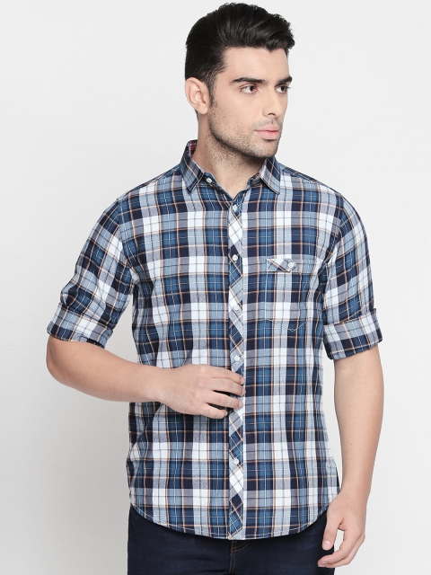 Solemio Men Grey & Blue Regular Fit Checked Casual Shirt