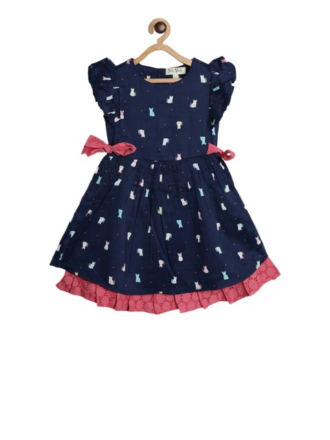

Bella Moda Girls Navy Blue & Pink Printed Fit and Flare Dress