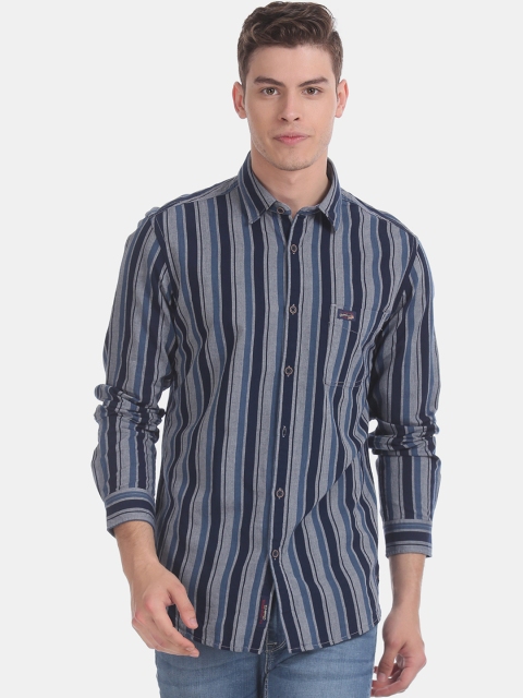 U.S. Polo Assn. Denim Co. Men Navy Blue & Grey Regular Fit Striped Casual Shirt