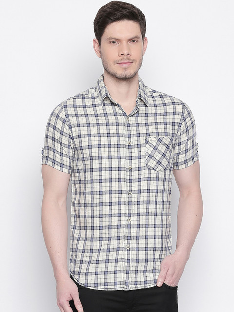 

Mufti Men Off-White & Grey Slim Fit Checked Casual Shirt