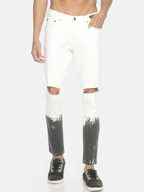 

KULTPRIT Men White & Grey Skinny Fit Mid-Rise Slash Knee Jeans
