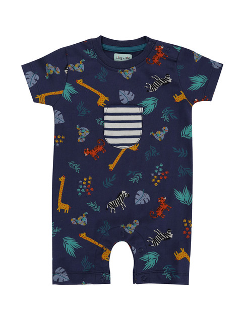 

Lilly and Sid Infant Boys Blue & Green Safari Printed Pure Organic Cotton Romper, Navy blue