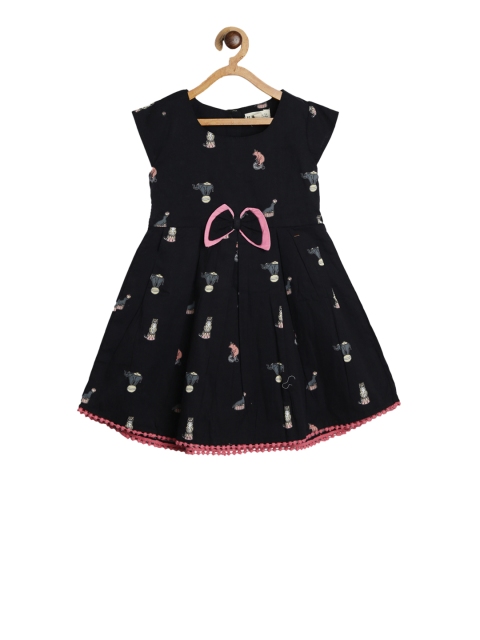 

Bella Moda Girls Black & Pink Elephant Printed Fit and Flare Dress