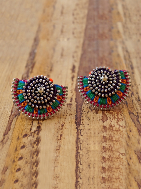 

Anetra Green & Pink Contemporary Sliver-Plated Tribal Hand-Embroidered Studs