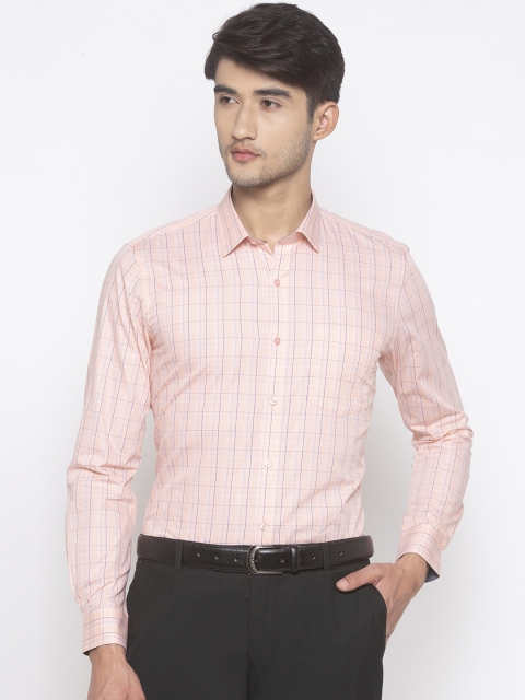 

Globus Men Peach-Coloured & Blue Regular Fit Checked Formal Shirt