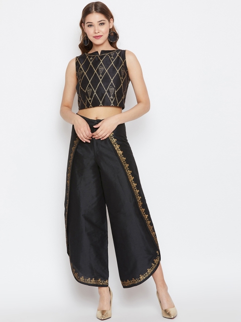 

studio rasa Women Black & Gold-Coloured Hand Block Printed Crop Top with Palazzos