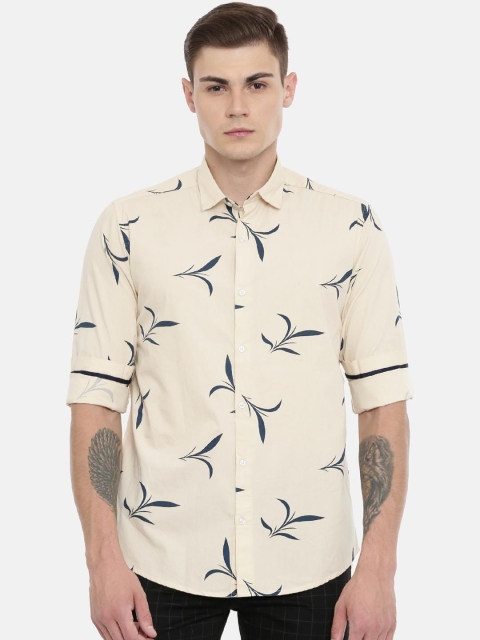 

CINOCCI Men Beige & Navy Blue Slim Fit Printed Casual Shirt