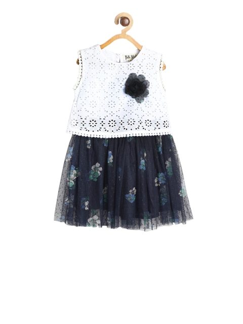 

Bella Moda Girls White & Navy Blue Printed Fit and Flare Dress