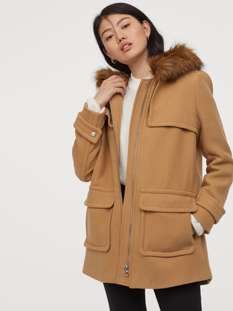 

H&M Women Beige Solid Hooded Jacket