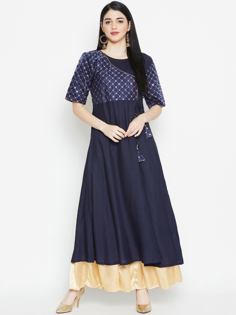 

studio rasa Women Navy Blue & Gold-Coloured Embroidered Kurti with Sharara