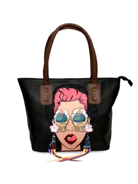 

Pink Potato Black & Pink Embellished Leather Handheld Bag