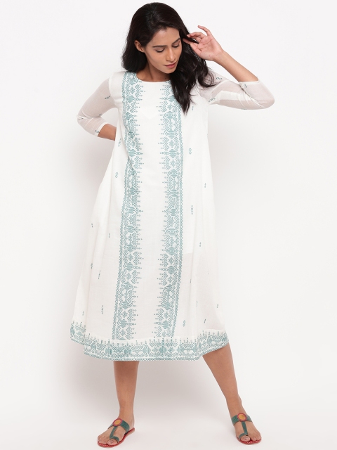 

trueBrowns Women White & Green Printed A-Line Dress