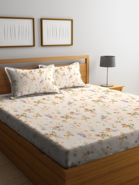 

STELLAR HOME Peach-Coloured & Mustard Floral 104 TC Cotton 1 Queen Bedsheet with 2 Pillow Covers