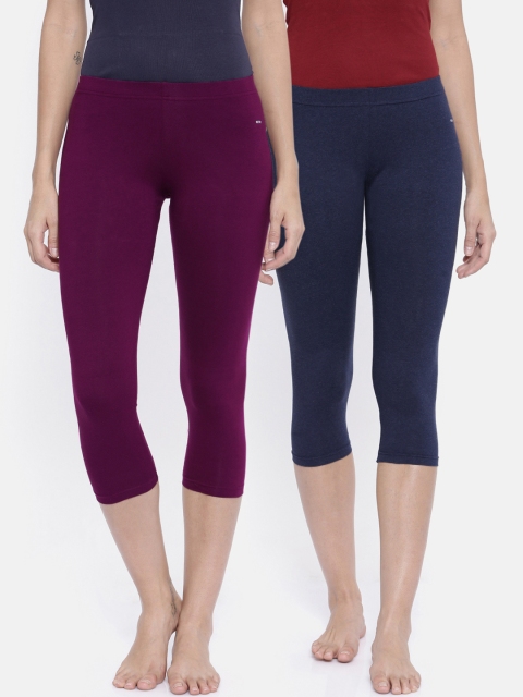 

Bitz Women Pack of 2 Solid Pure Organic Cotton Capri Leggings Com5, Navy blue
