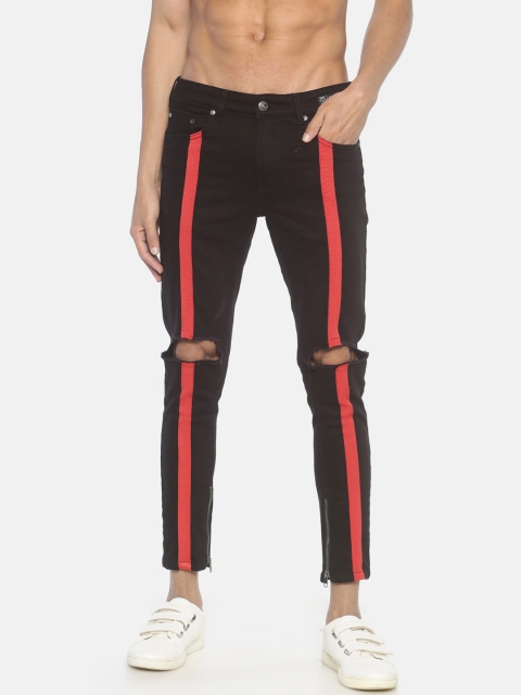 

KULTPRIT Men Black & Red Skinny Fit Mid-Rise Slash Knee Jeans