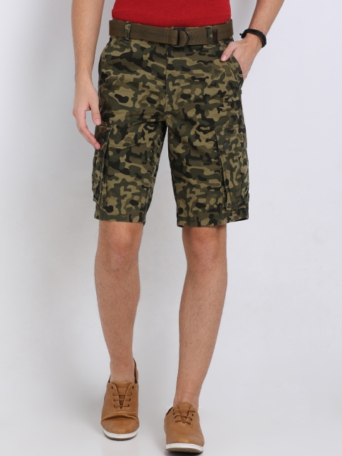 

t-base Men Olive Green Printed Regular Fit Cargo Shorts