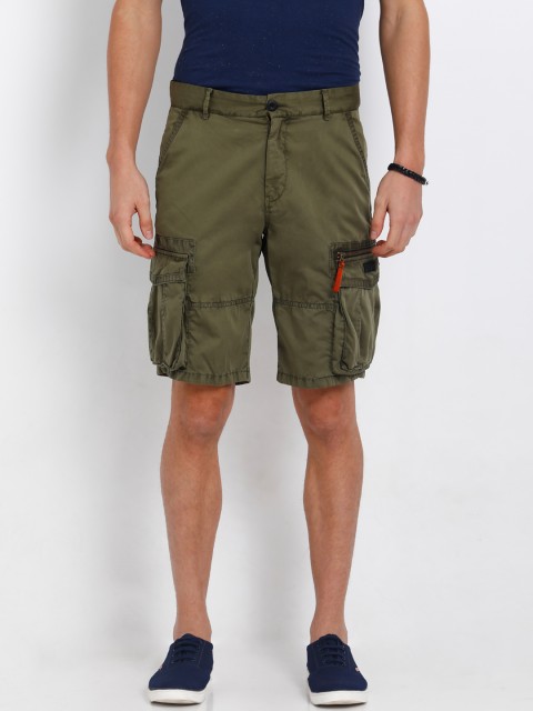 

t-base Men Olive Green Solid Regular Fit Cargo Shorts
