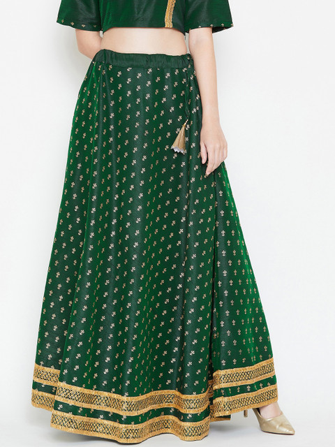 

studio rasa Women Green & Gold-Toned Dupion Block Printed A-Line Maxi Bias Skirt