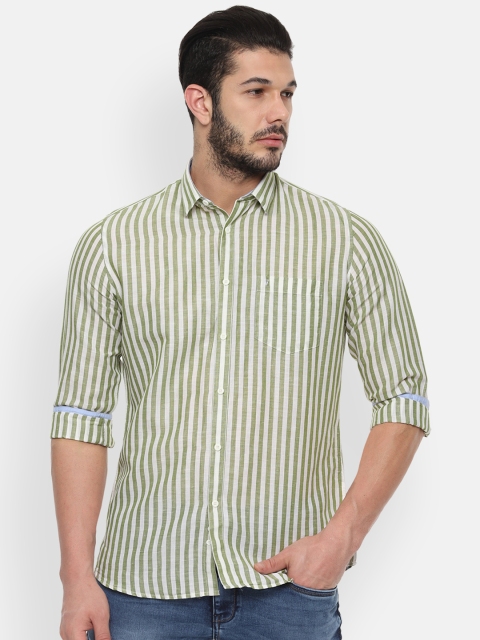 

Van Heusen Sport Men Olive Green & White Slim Fit Striped Casual Shirt
