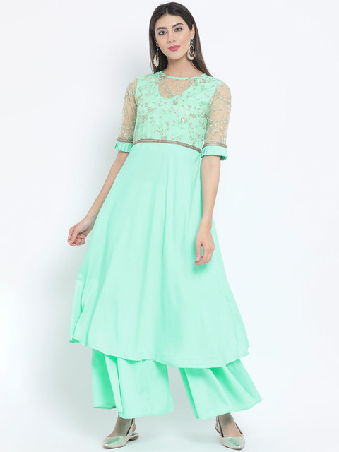 

studio rasa Women Green Floral Yoke Design Regular Sequinned Kurta with Sharara