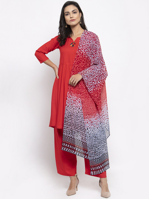 

Jompers Women Red & Grey Solid Kurta with Palazzos & Dupatta