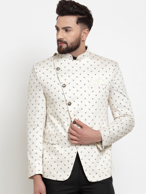 

KLOTTHE Men Off White Printed Slim-Fit Bandhgala Party Blazer