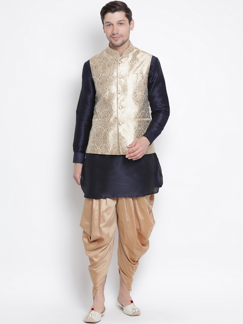 

VASTRAMAY Men Navy Blue & Rose Gold-Coloured Solid Kurta with Dhoti Pants