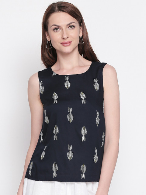 

AKKRITI BY PANTALOONS Women Navy Blue Conversational Printed Top