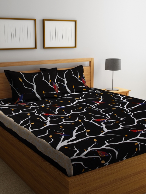 

Rajasthan Decor Black Floral 144 TC Cotton 1 Queen Bedsheet with 2 Pillow Covers