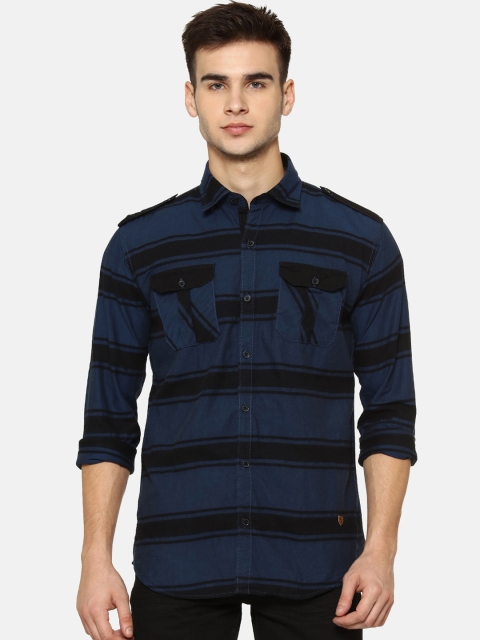 

Campus Sutra Men Navy Blue & Black Regular Fit Striped Casual Shirt