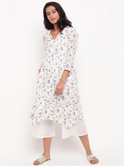 

trueBrowns Women White & Blue Floral Printed A-Line Kurta