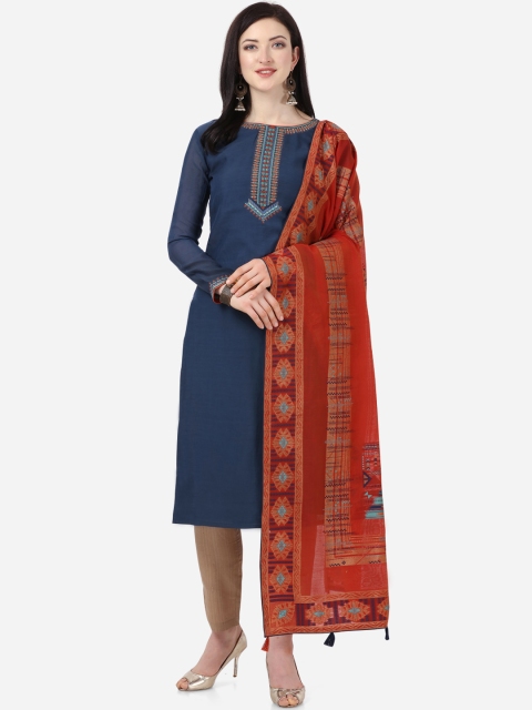 

Stylee LIFESTYLE Navy Blue & Beige Art Silk Unstitched Dress Material