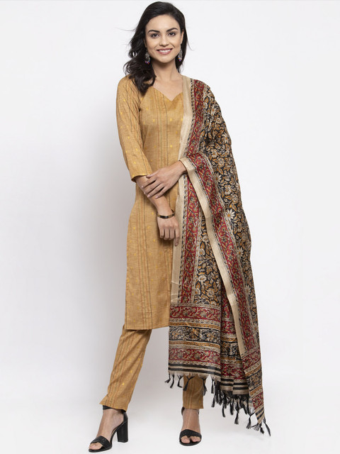 

Jompers Women Beige & Black Striped Kurta with Trousers & Dupatta