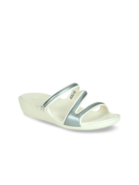 

Crocs Women Silver-Toned & Off White Solid Comfort Heels