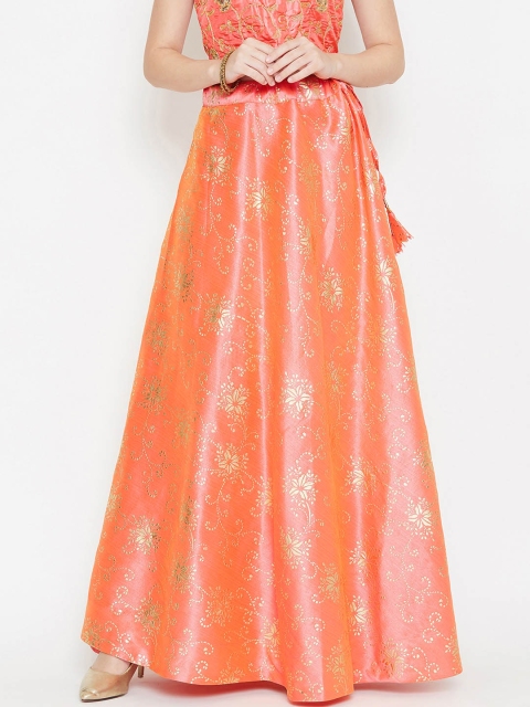 

studio rasa Women Peach-Coloured & Gold-Toned Rubber Printed A-Line Maxi Skirt