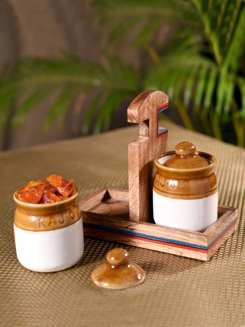 

Unravel India Set of 2 Brown & White Ceramic Martaban Jars With Wooden Tray