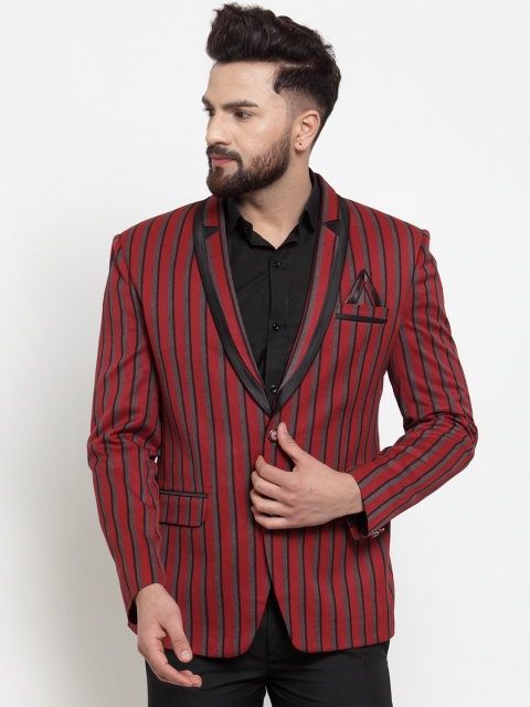 

KLOTTHE Men Red & Grey Striped Slim-Fit Tuxedo Party Blazer