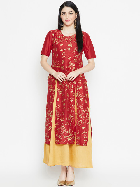 

studio rasa Women Maroon & Gold-Toned Block Printed Straight Kurta