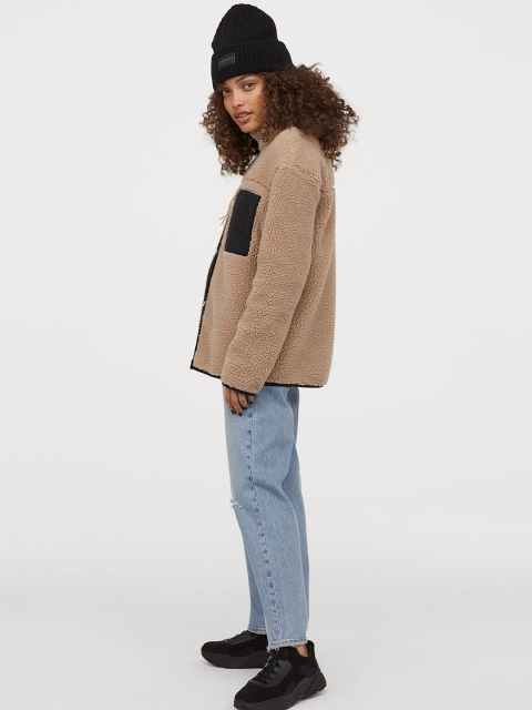 

H&M Women Brown Pile Jacket With A Collar