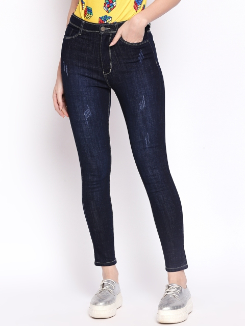 

fungus Women Navy Blue Slim Fit High-Rise Mildly Distressed Stretchable Jeans