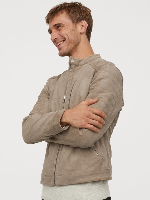 

H&M Men Beige Solid Biker Jacket