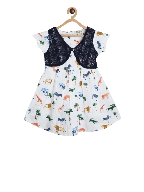 

Bella Moda Girls White & Navy Blue Conversational Printed Fit and Flare Dress