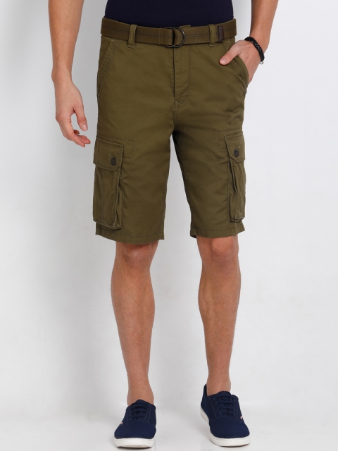 

t-base Men Olive Green Solid Regular Fit Cargo Shorts