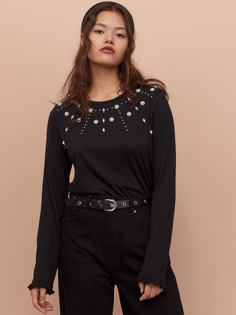 

H&M Women Black Beaded Jersey Top