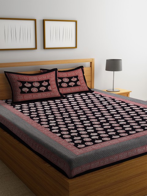 

Rajasthan Decor Black & Maroon Floral 144 TC Cotton 1 Queen Bedsheet with 2 Pillow Covers
